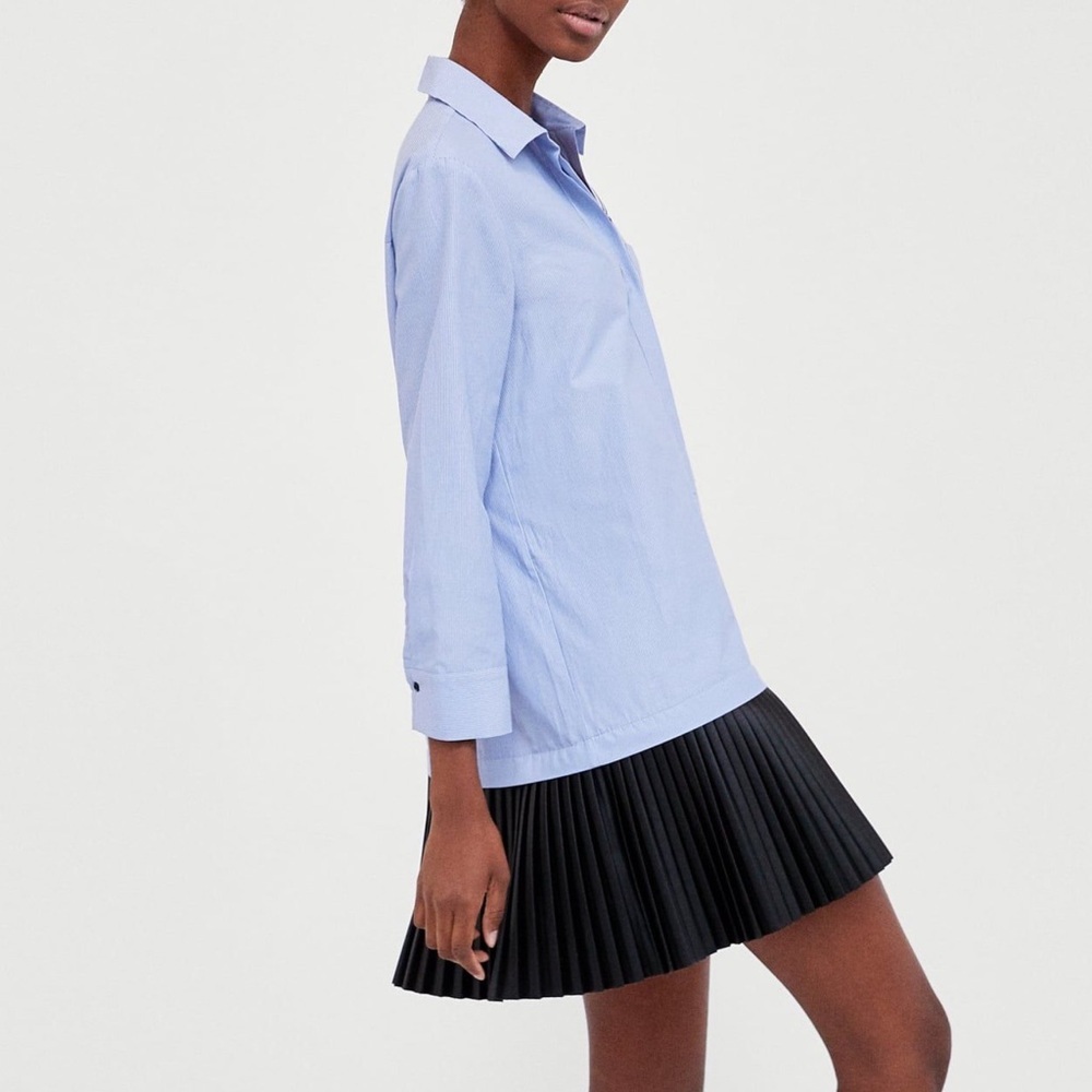 Zara Contrasting Shirt Dress Stripes and Black Faux Leather Skirt Blue Black - Picture 2 of 9